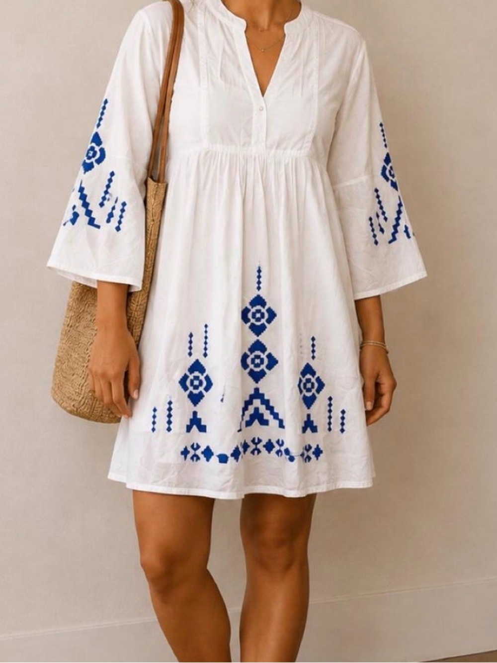 White Embroidered Boho Mini Dress with Blue Accents Piombo